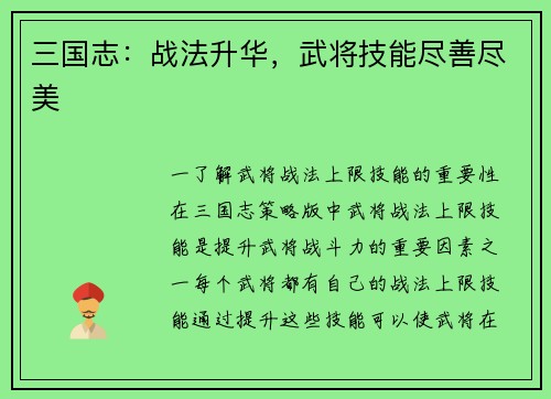三国志：战法升华，武将技能尽善尽美